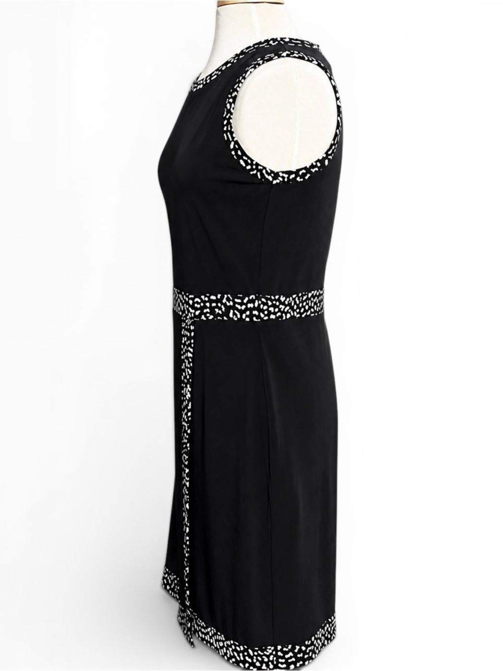 Michael Kors Black Faux Wrap Dress Animal Print Trim Sleeveless Midi Size Medium - Picture 7 of 10